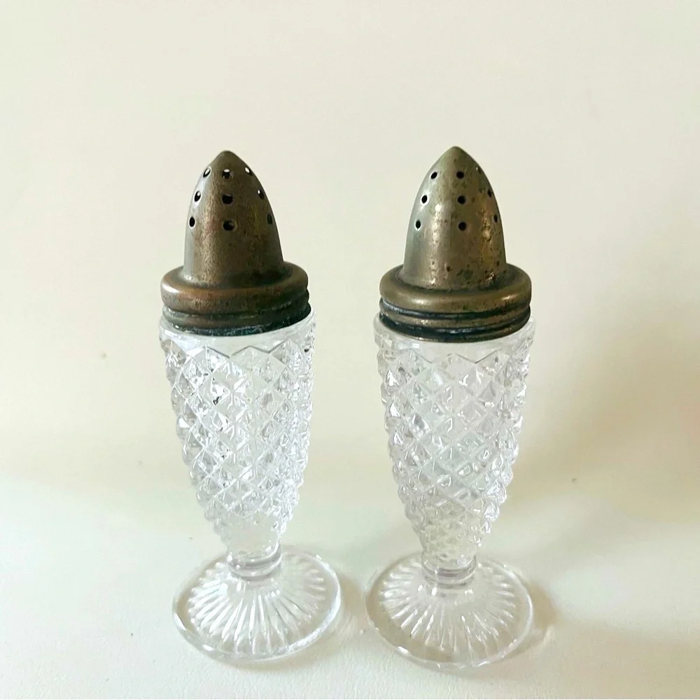 Vintage 1950’s Cut Glass Salt and Pepper Shakers with Metal Lids
